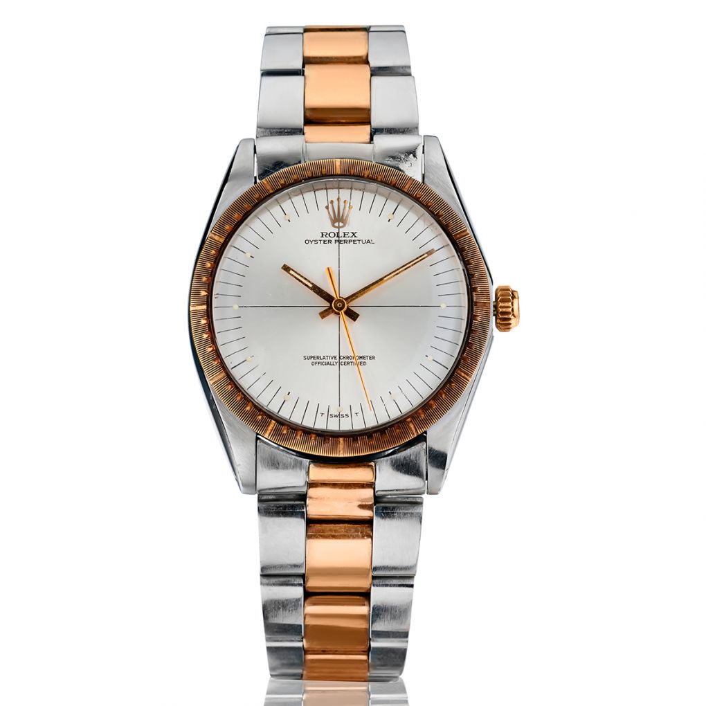 Rolex Oyster Perpetual 34 with Zephyr dial. 14kt pink gold and