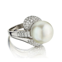Ladies 14kt White Gold South Sea Cultured Pearl And Diamond White Gold Ring