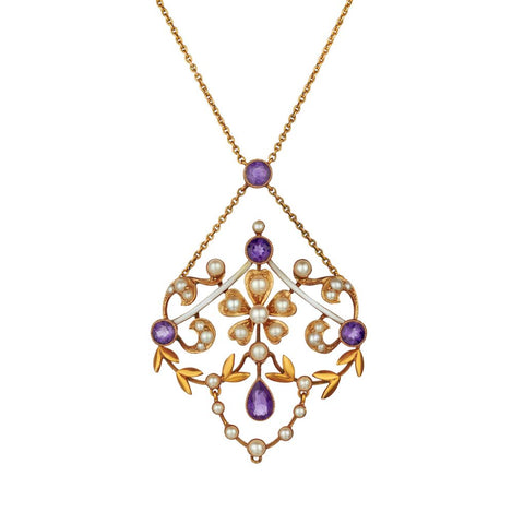 Ladies Victorian  Amethyst and Seed Pearl Pendant. 14kt Y/G