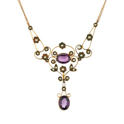 Ladies 14kt Yellow Gold Amethyst and Seed Pearl Victorian Pendant.