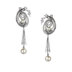 Mid-Century 18KT White Gold Pearl And Diamond Drop Earrings