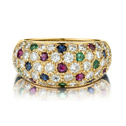 18KT Yellow Gold Emerald, Ruby, Sapphire and Diamond Dome Shape Band