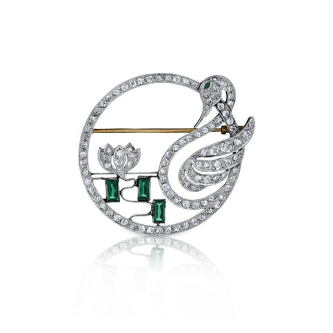 Magnificent Vintage Platinum Diamond and Emerald Swan  Brooch
