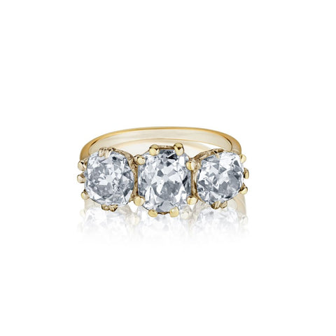 Ladies Platinum Vintage 3 Stone Diamond Ring. 5.40 Ctw Cushion Cut Diamonds