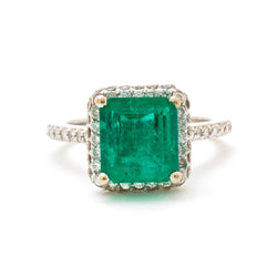 3.00 Carat Green Emerald & Diamond White Gold Ring
