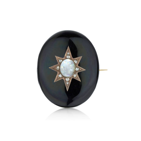 Victorian Onyx and Opal Rose Cut Star Brooch / Pendant. 14kt yellow gold.