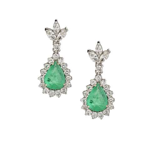 4.00 Carat Total Green Emerald And Diamond WG Drop Earrings