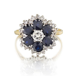 Mid-Century Royal Blue Sapphire & Diamond Cluster Ring