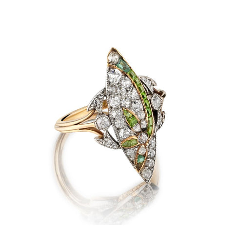 Beautiful Ladies Belle Epoque 18kt Rose Gold and Platinum Navette  Ring. Circa 1900.