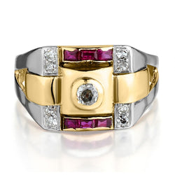 Unisex Vintage 14KT Rose Gold Rubies And Old-Mine Cut Diamond Ring