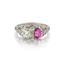 Art Deco Platinum Pink Sapphire And Old-European Cut Diamond Ring
