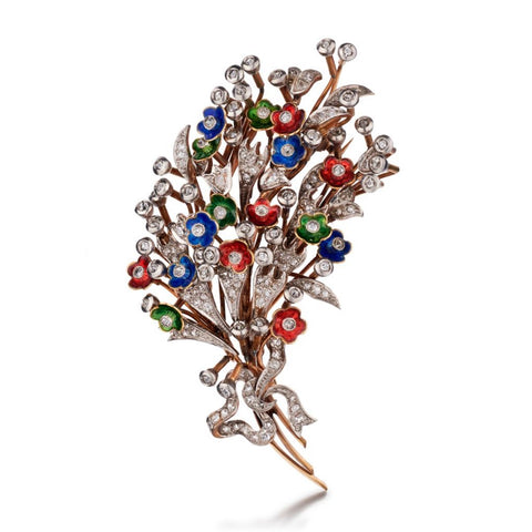 Victorian Era Enamel And Mine Cut Diamond Floral Brooch