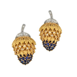 18KT Yellow & White Gold Brilliant Cut And Sapphire Acorn Earrings