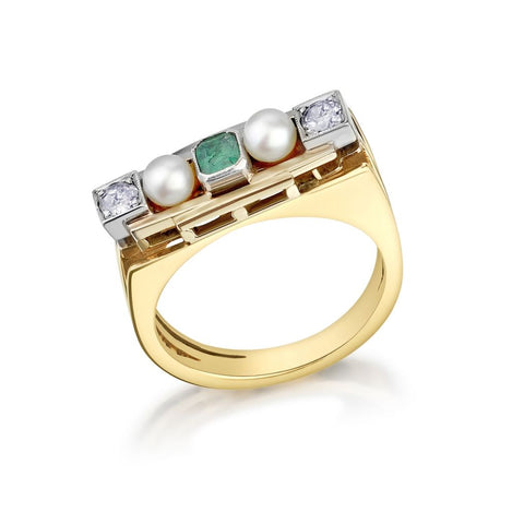 Victorian-Era Green Emerald, Seed Pearl And Diamond Angled Ring