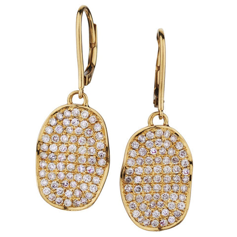 Yellow Gold Oval Disc Micro-Pave Diamond Drop Earrings