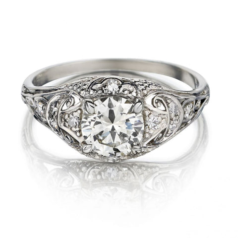 Art Deco 1.03 Carat Round Transitional Cut Diamond Platinum Ring