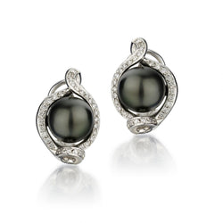 11MM Tahitian Pearls And Diamond Halo 18KT White Gold Earrings