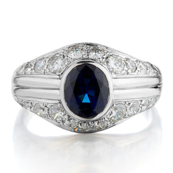 1.00 Carat Blue Sapphire And Diamond Dome Shaped Italian Made Ring