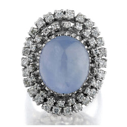 14KT White Gold Cabochon Blue Sapphire And Diamond Halo Dress Ring