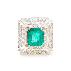 3.50 Total Carat Green Emerald & Diamond White Gold Ring