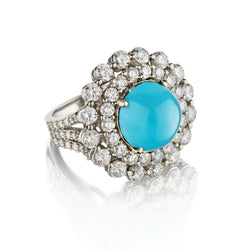 12MM Round Turquoise And Round Brilliant Cut Diamond WG Cocktail Ring