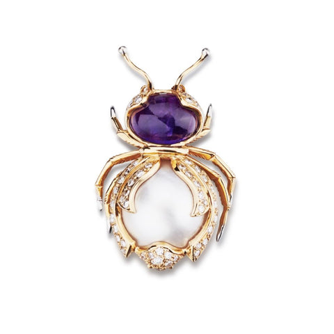 Yellow Gold Amethyst, Pearl & Round Brilliant Cut Diamond Bug Brooch