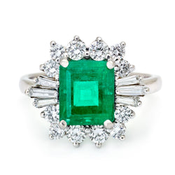 White Gold Green Emerald & Diamond Cluster Ring