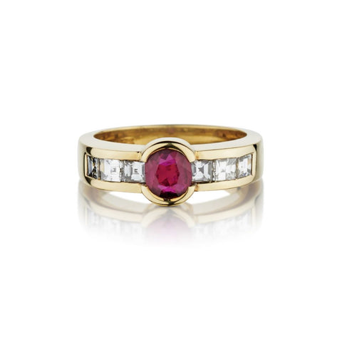 Oval-Shaped Ruby And Square-Cut Diamond 18KT Yellow Gold Ring