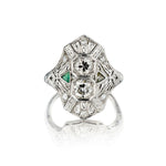 Art-Deco Platinum Navette Old-Cut Diamond And Green Emerald Ring