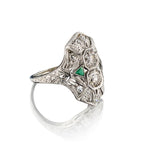 Art-Deco Platinum Navette Old-Cut Diamond And Green Emerald Ring