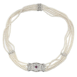 18KT White Gold Vintage-Inspired Pearl, Diamond And Ruby Choker Necklace