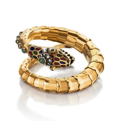 Victorian -Era Gold Enamel, Ruby, Emerald & Diamond Coiled Snake Bracelet