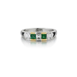 Green Emerald And Emerald Cut Diamond White And Yellow Gold Ring