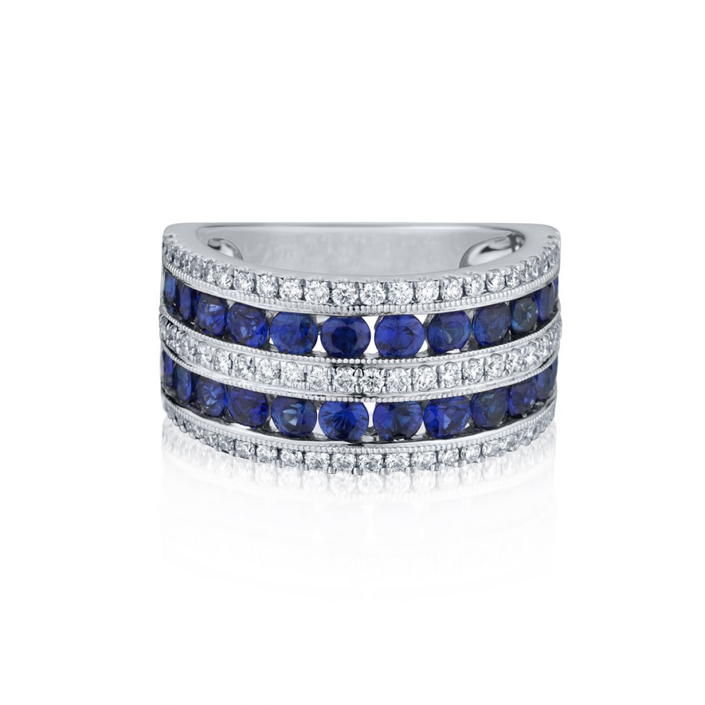 Five Rows Back Ladies 18kt W/G Ble Sapphire and Diamond Band.5 Rows. – Van Rijk