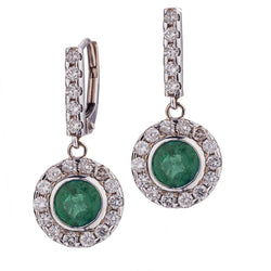 Green Emerald & Diamond White Gold Halo Drop Earrings