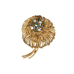 Large 18kt Y/G Single Flower Brooch/Pendant with Diamonds,Blue Sapphires and Green Emeralds.