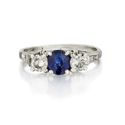 Ladies Vintage Platinum Blue Sapphire and Diamond Ring.  Circa 1950's
