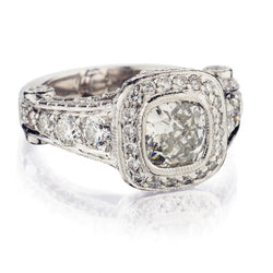 1.50 Carat Natural Cushion-Cut Diamond Halo Set Plat Ring