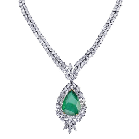13.50CT Green Emerald And Diamond White Gold Necklace