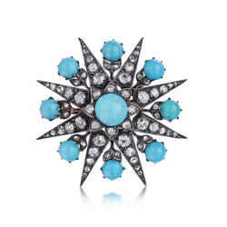 Victorian Turquoise, Old-Rose Cut And Old-Mine Cut Diamond Starburst Brooch/Pendant