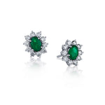 Ladies 18kt White Gold Green Emerald and Diamond Cluster Oval Stud Earings.