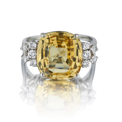 Birks 9.00 Carat Cushion Cut Natural Yellow Sapphire & Diamond Ring