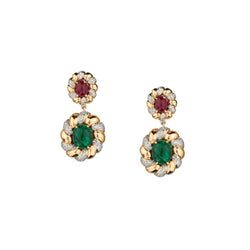 Yellow Gold Emerald And Ruby Drop Pendant Earrings