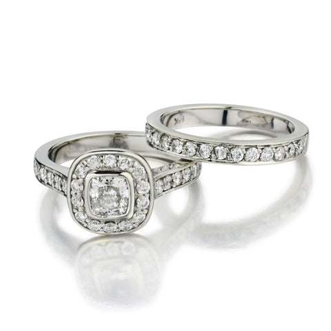 GIA 0.71 Carat Cushion-Cut Diamond Halo Wedding Ring Set