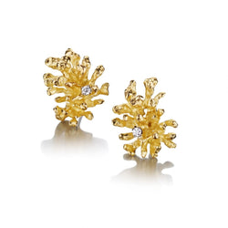18KT Yellow Gold & Round Brilliant Cut Diamond Coral Reef-Style Earrings