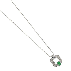 Art Deco Green Emerald, Baguette And Single Cut Diamond Platinum Necklace