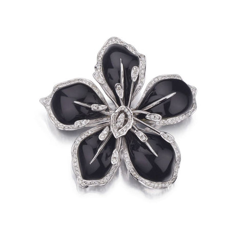 14KT White Gold Onyx And Diamond Flower Brooch/Pendant