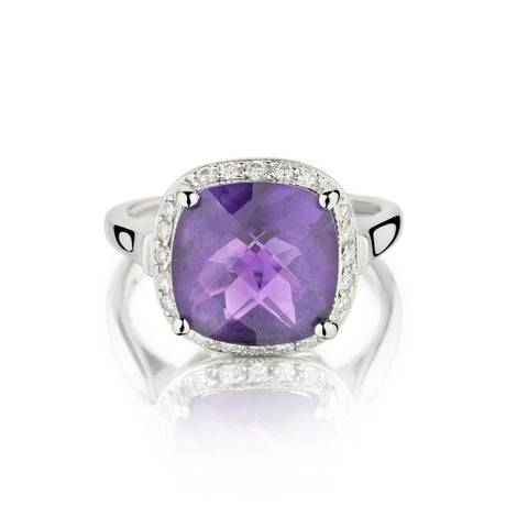 Large Amethyst Gemstone And Diamond Halo White Gold Ring