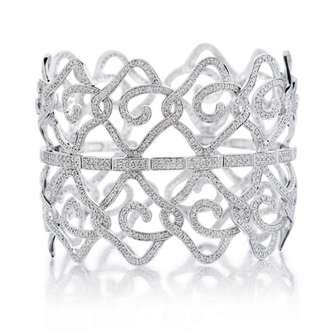 18KT White Gold Wide Round Brilliant Cut Diamond Cuff Bangle