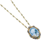 Mid-Century Blue Agate, Enamel, Diamond And Emerald Cameo Necklace